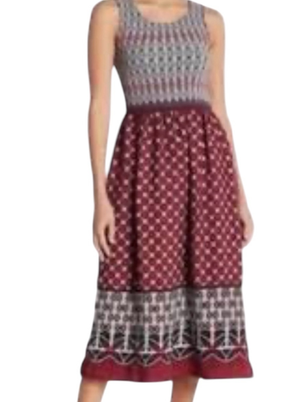 Max Studio Oxblood Smocked Jacquard Sleeveless Midi Dress Size S